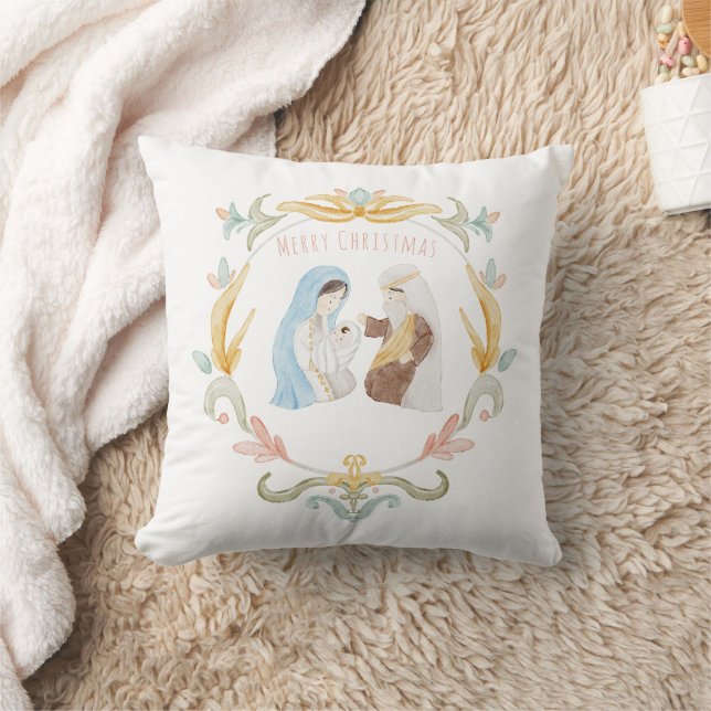 Watercolor Christian Christmas Nativity Throw Pillow (Blanket)