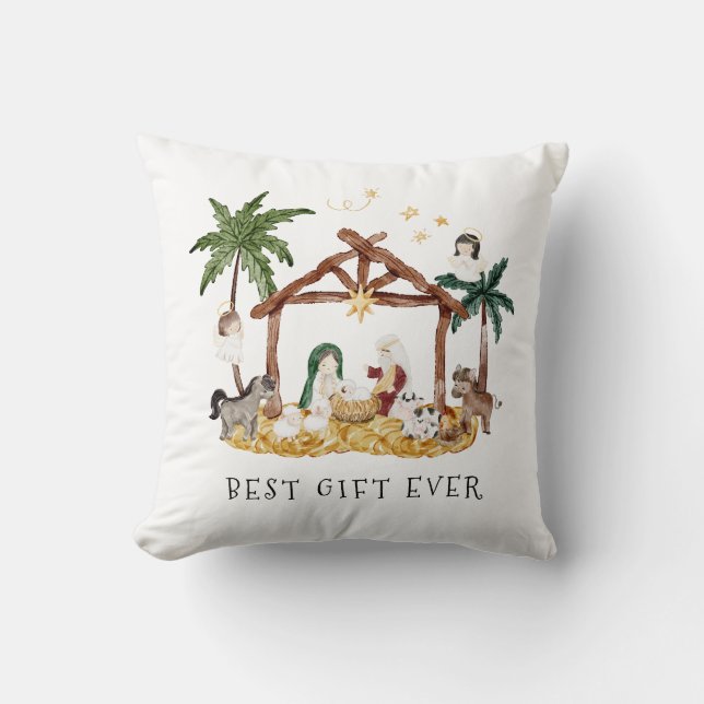 Watercolor Christian Christmas Nativity Throw Pillow (Front)