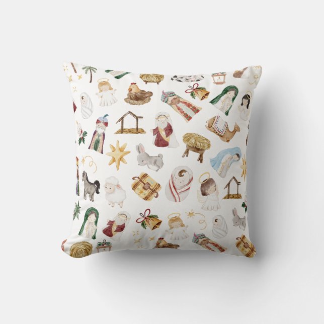 Watercolor Christian Christmas Nativity Throw Pillow (Front)