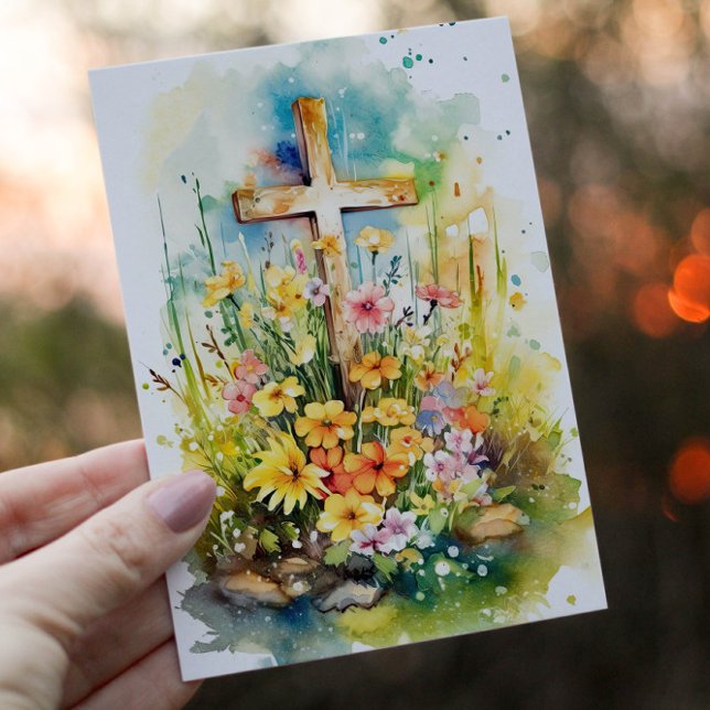 Watercolor Christian Cross and Spring Flowers Holiday Card (Creator Uploaded)
