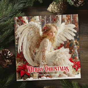 Watercolor Christmas angel red poinsettias chic Holiday Card