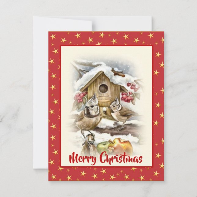Watercolor Christmas Apple Birds Snow Berries Red Holiday Card (Front)