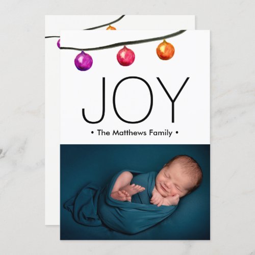 Watercolor Christmas Balls Baby boy photo  Holiday Card