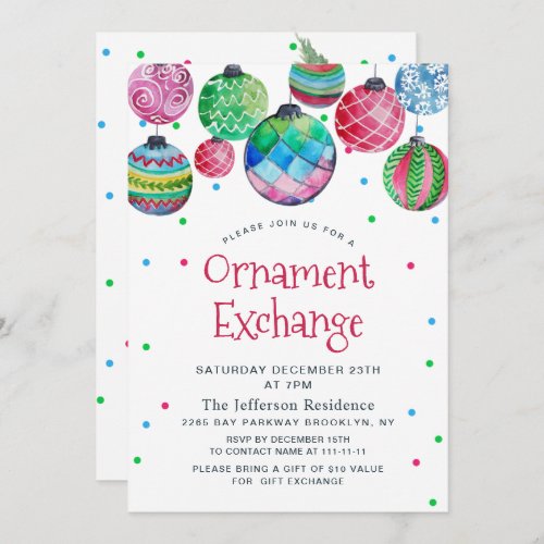 Watercolor Christmas Balls Ornament Exchange Invitation