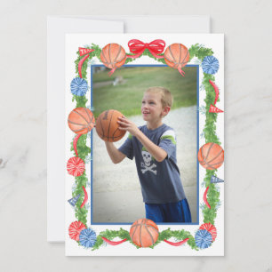 Watercolor Christmas Basketball Garland Photo Holiday Card