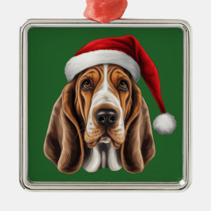 Watercolor Christmas Basset Hound Ornament