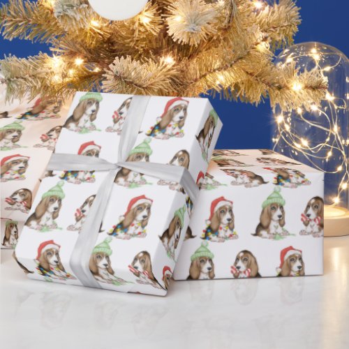 Watercolor Christmas Basset Hound Wrapping Paper