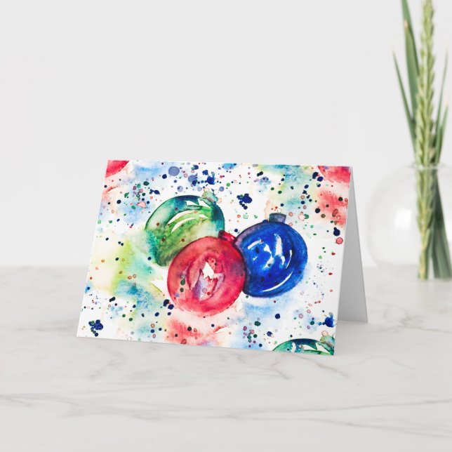 Watercolor Christmas Baubles Holiday Greeting Card (Front)