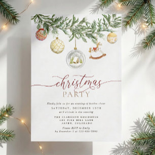 Watercolor Christmas Baubles Rocking Horse Holiday Invitation
