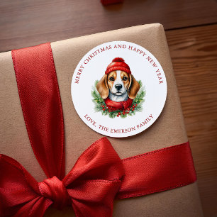 Watercolor Christmas Beagle Dog Classic Round Sticker