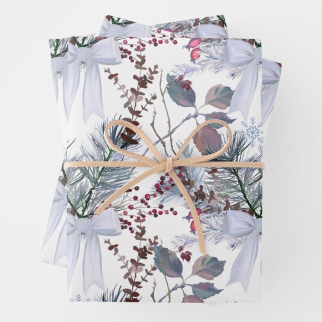 Watercolor Christmas Berries and Pine Branches Wrapping Paper Sheets (In situ)