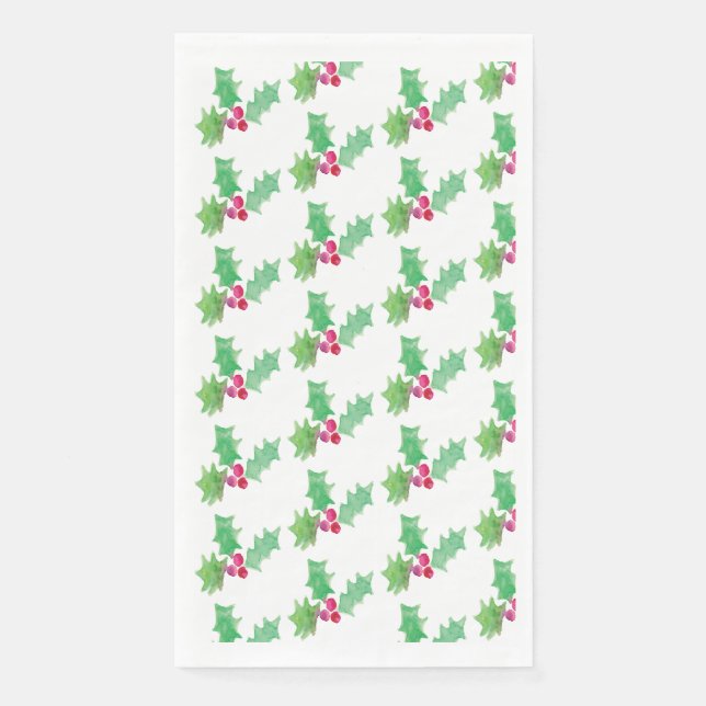 Watercolor Christmas Berry Hand Painted Patterned Paper Guest Towels (Front)