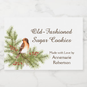 Watercolor Christmas Bird Holly Berries Pine Food Label