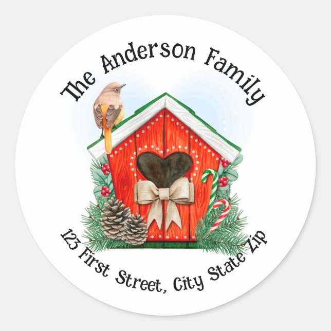 Watercolor Christmas Bird House  Classic Round Sticker (Front)