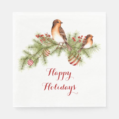 Watercolor Christmas Bird Pine Branches Holly Paper Napkins