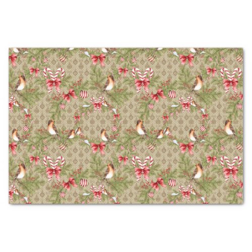Watercolor Christmas Bird Pine Branches Holly Tissue Paper