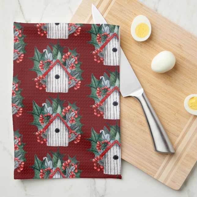 Watercolor Christmas Birdhouse Pattern   Kitchen Towel (Quarter Fold)