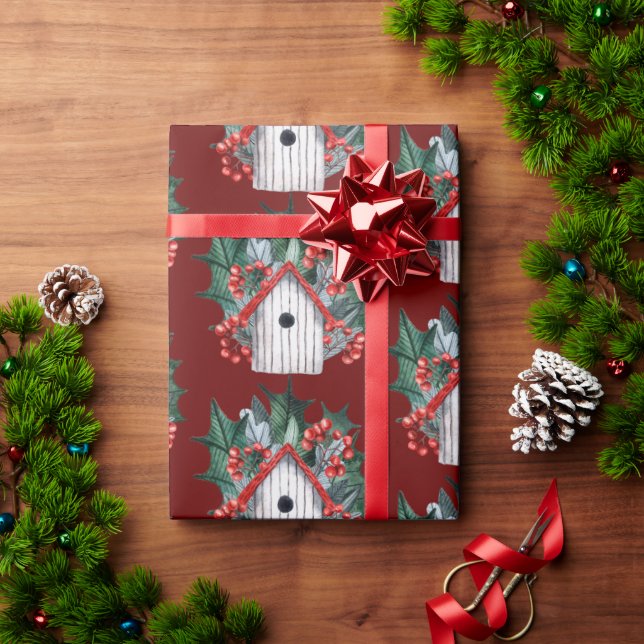 Watercolor Christmas Birdhouse Wrapping Paper (Holiday Gift)