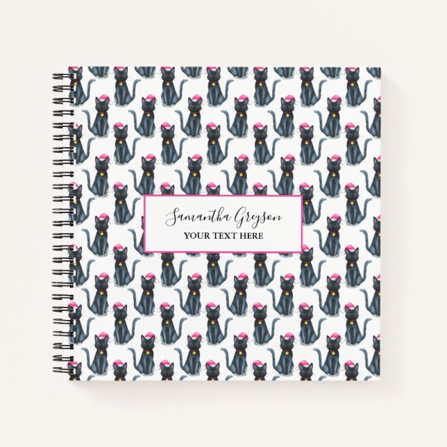 Watercolor Christmas Black Cats Personalized Notebook (Front)