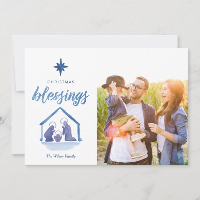 Watercolor Christmas Blessings Nativity Photo Grid Holiday Card (Front)
