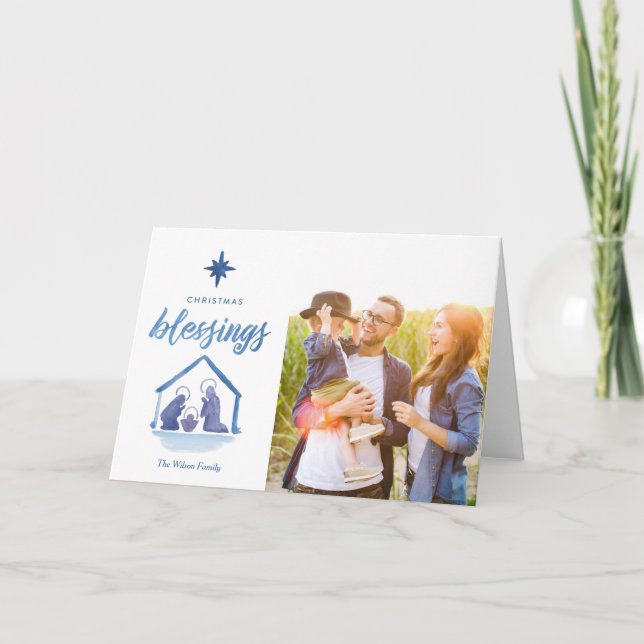 Watercolor Christmas Blessings Nativity Photo Holiday Card (Front)