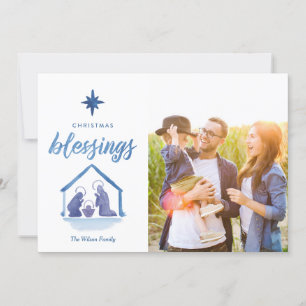 Watercolor Christmas Blessings Nativity Photo Holiday Card