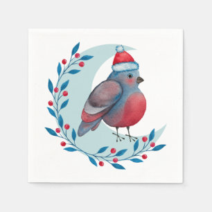 Watercolor Christmas Blue Bird On Moon Napkins