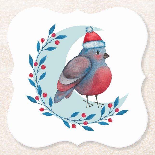 Watercolor Christmas Blue Bird On Moon Paper Coaster (Front)