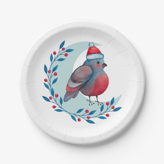 Watercolor Christmas Blue Bird On Moon Paper Plates (Front)