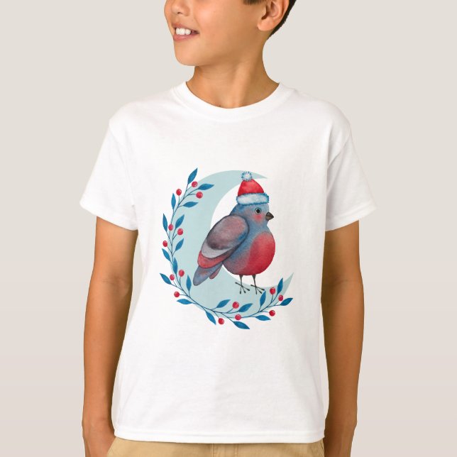 Watercolor Christmas Blue Bird On Moon T-Shirt (Front)