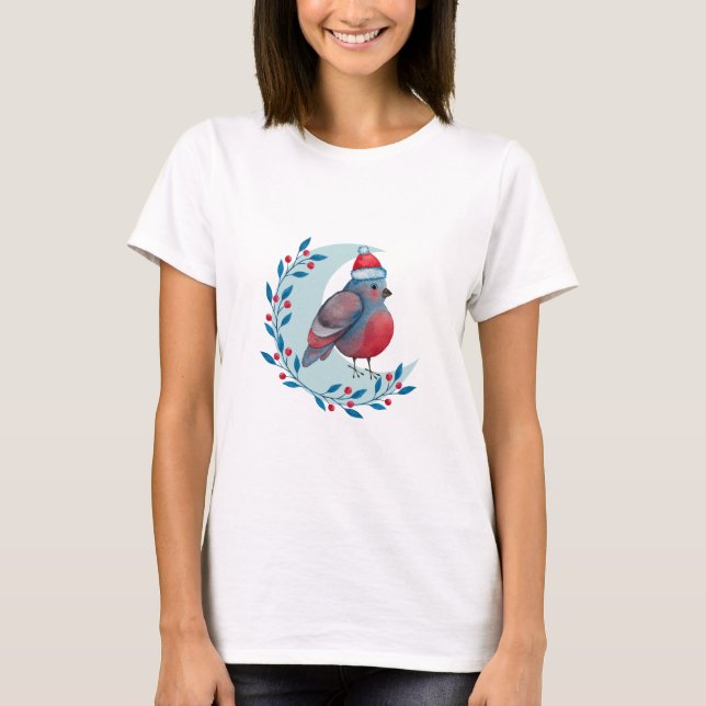 Watercolor Christmas Blue Bird On Moon T-Shirt (Front)