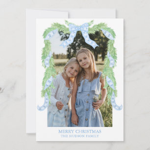 Watercolor Christmas Blue Bow Garland Photo Holiday Card