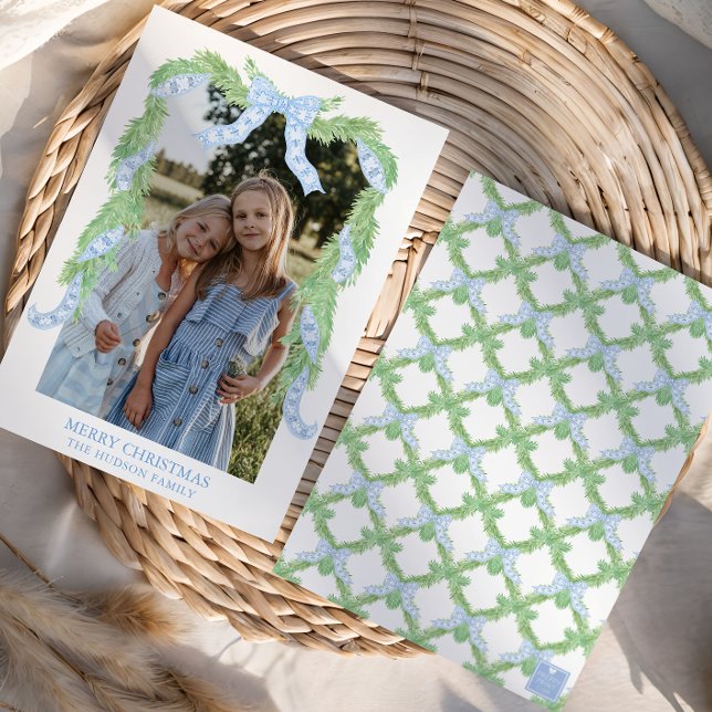 Watercolor Christmas Blue Bow Garland Photo Holiday Card (Creator Uploaded)