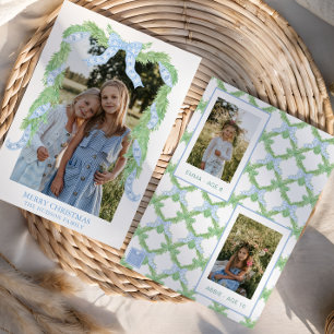 Watercolor Christmas Blue Bow Garland Photo Holiday Card