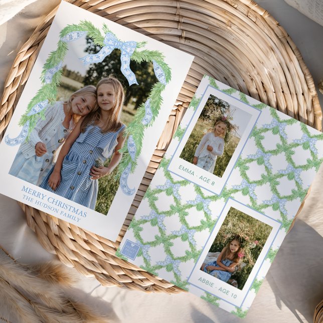 Watercolor Christmas Blue Bow Garland Photo Holiday Card (Creator Uploaded)