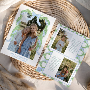 Watercolor Christmas Blue Bow Garland Photo Holiday Card