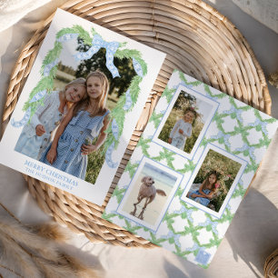 Watercolor Christmas Blue Bow Garland Photo Holiday Card