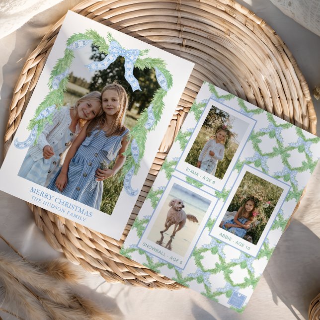 Watercolor Christmas Blue Bow Garland Photo Holiday Card (Creator Uploaded)