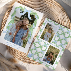 Watercolor Christmas Blue Bow Garland Photo Holiday Card