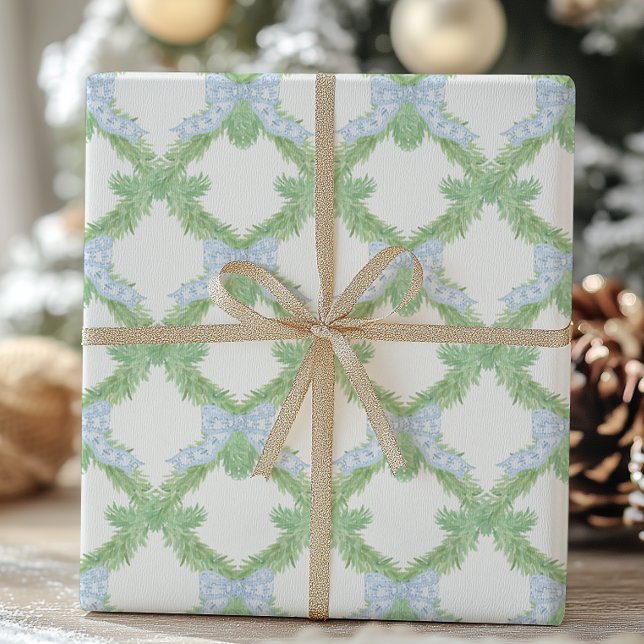 Watercolor Christmas Blue Bow Garland Wrapping Paper (Creator Uploaded)