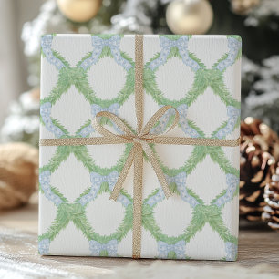 Watercolor Christmas Blue Bow Garland Wrapping Paper