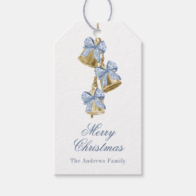 Watercolor Christmas Blue Chinoiserie Bow Bells Gift Tags (Front)