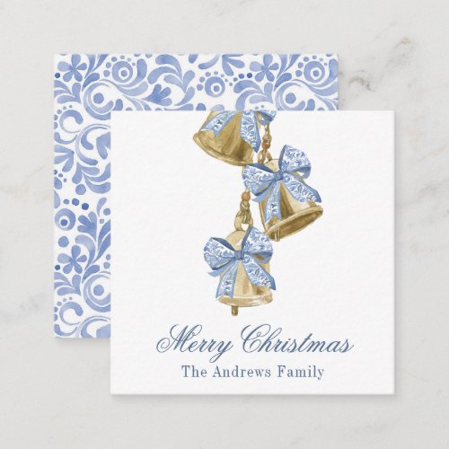 Watercolor Christmas Blue Chinoiserie Bow Bells Note Card