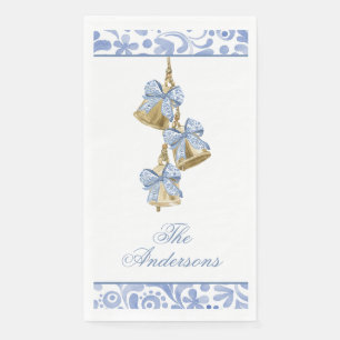 Watercolor Christmas Blue Chinoiserie Bow Bells Paper Guest Towels
