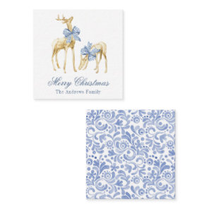 Watercolor Christmas Blue Chinoiserie Bow Reindeer Note Card