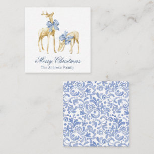 Watercolor Christmas Blue Chinoiserie Bow Reindeer Note Card