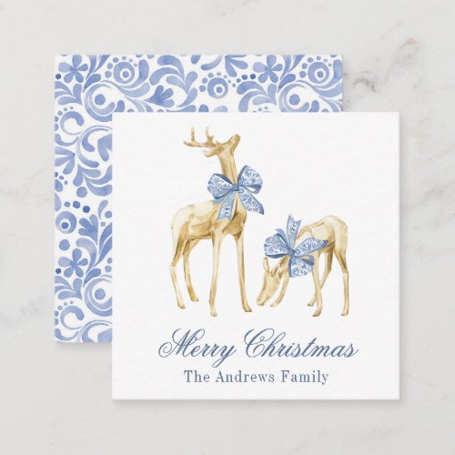 Watercolor Christmas Blue Chinoiserie Bow Reindeer Note Card