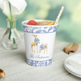 Watercolor Christmas Blue Chinoiserie Bow Reindeer Paper Cups