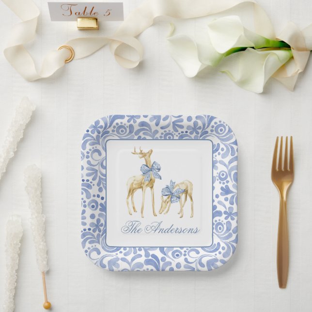 Watercolor Christmas Blue Chinoiserie Bow Reindeer Paper Plates (Wedding)