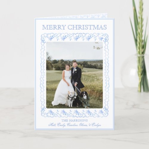 Watercolor Christmas Blue Chinoiserie One Photo  H Holiday Card